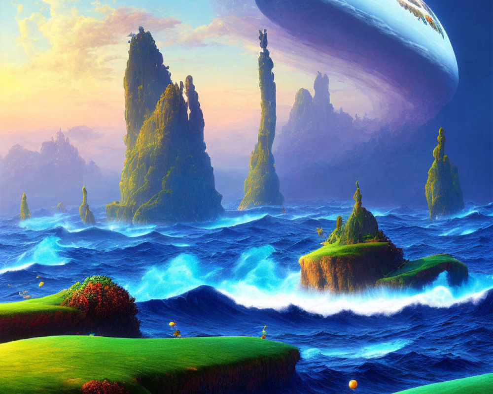 Majestic rock formations by turbulent sea and giant planet in sky