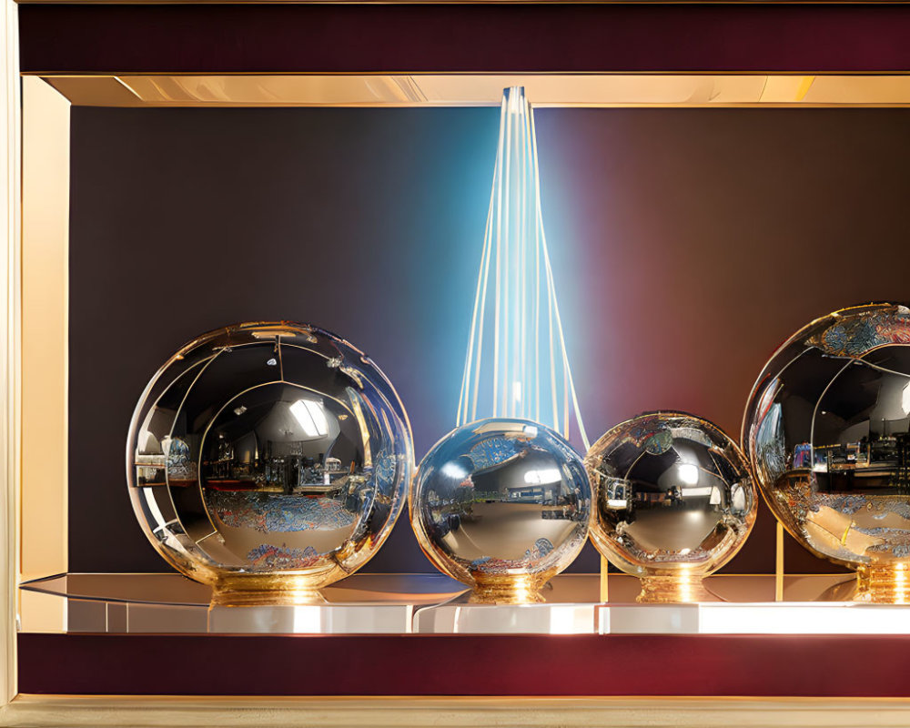 Luxurious interior with four reflective spheres on golden stands under blue light