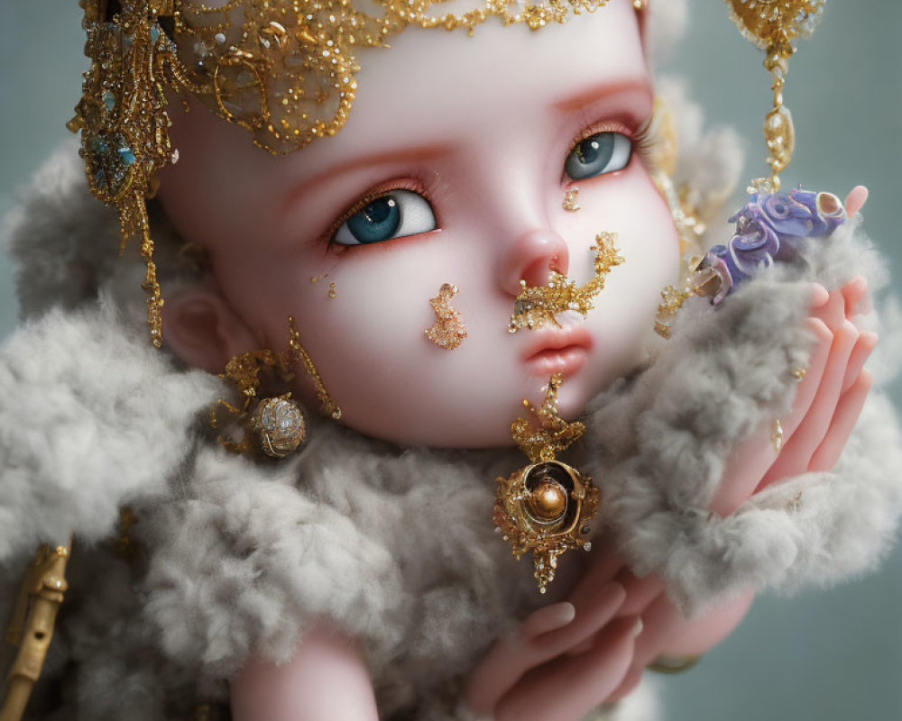 Intriguing doll with blue eyes, gold jewelry, white garment, and bouquet