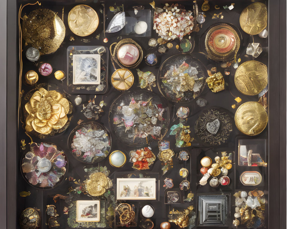 Vintage Jewelry, Coins, and Precious Items in Shadow Box Display