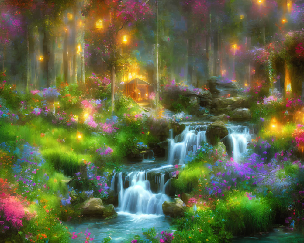 Tranquil forest landscape with waterfall, flowers, lights, and cabin