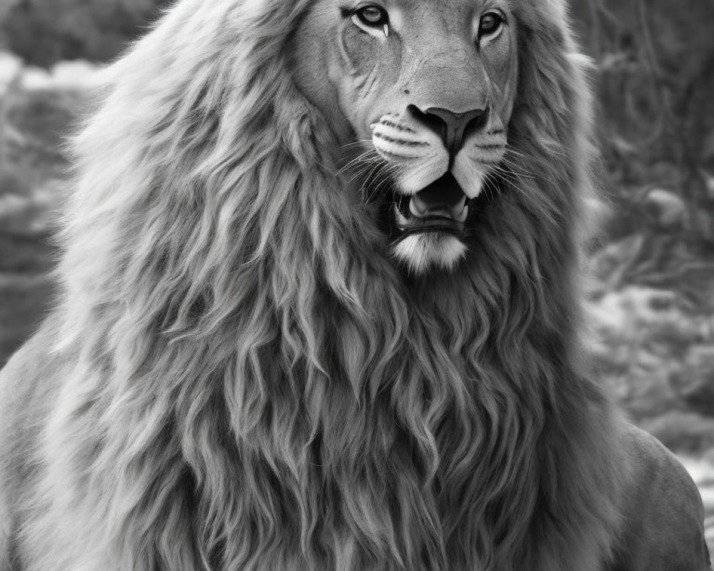 Majestic lion with thick mane in black and white photo