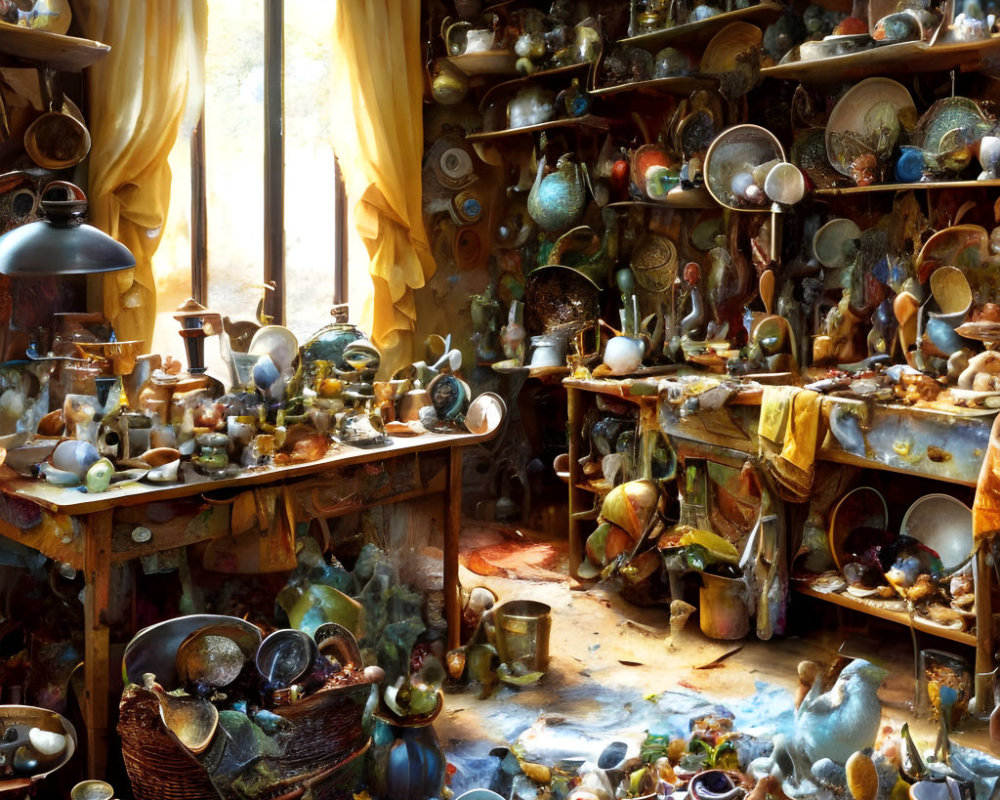 Cluttered Pottery Studio with Ceramic Pieces and Yellow Fabric