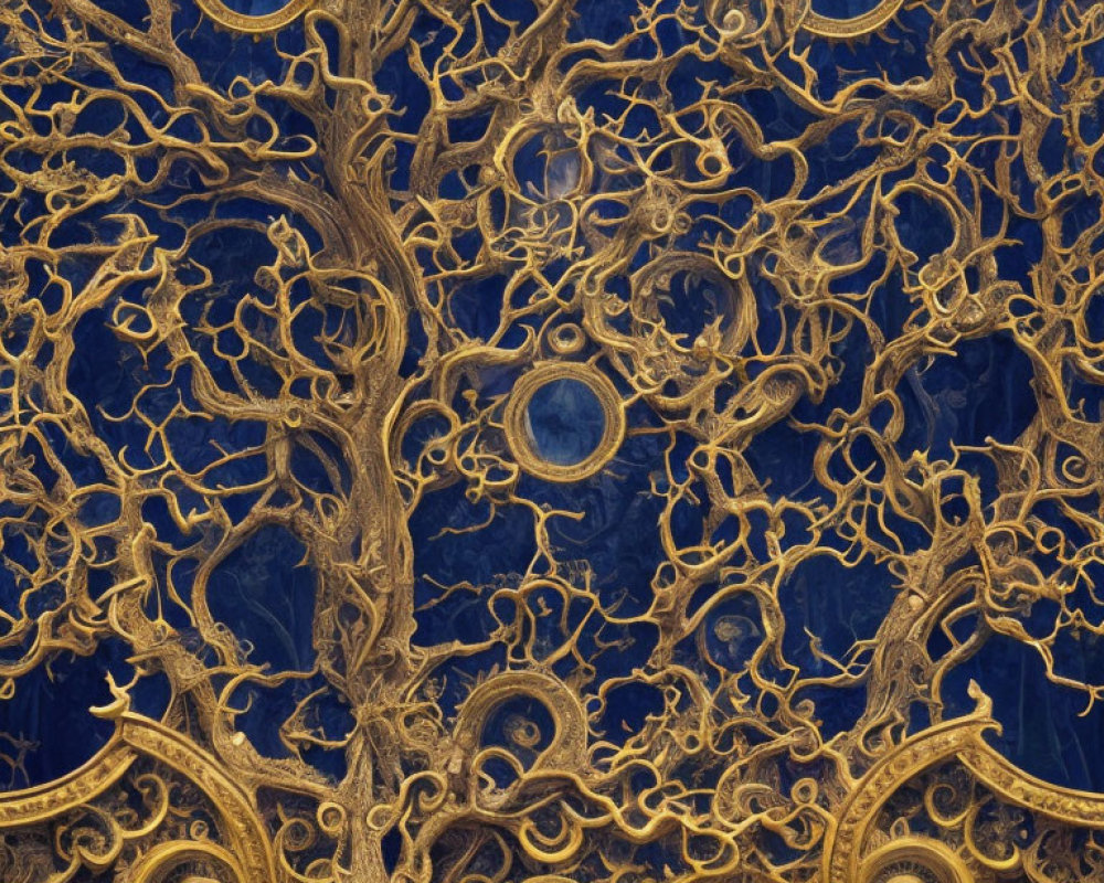 Fractal gold tree pattern on deep blue background