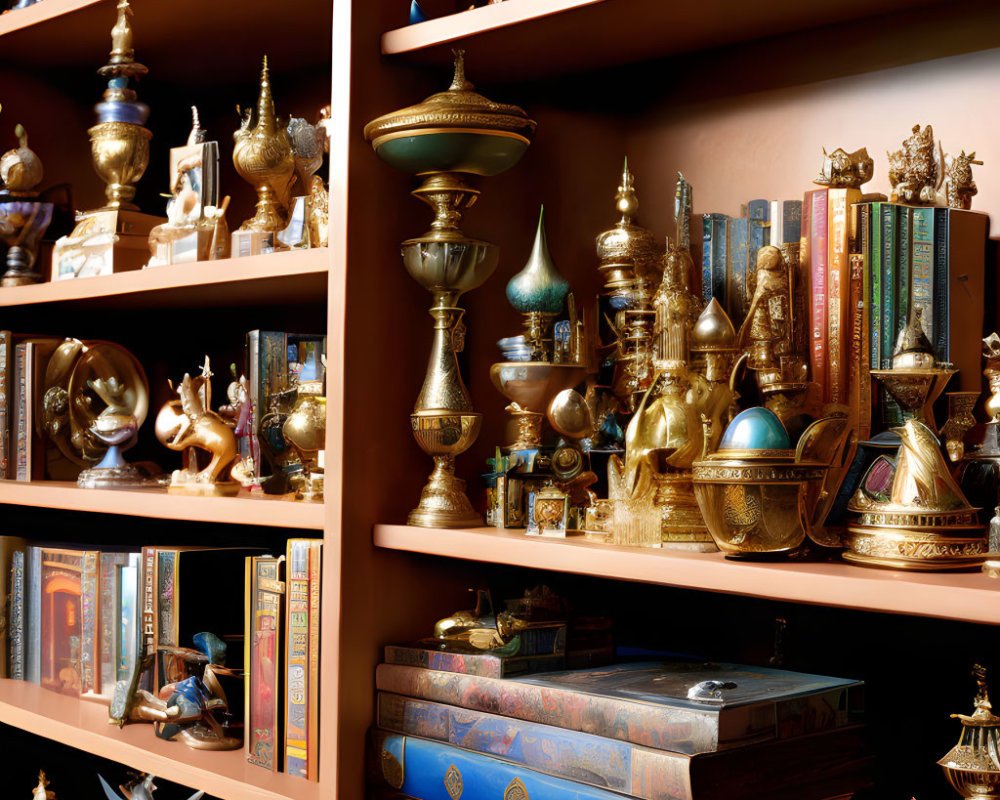 Decorative Bookshelf with Metal Vases, Statues, Books, and Storage Boxes