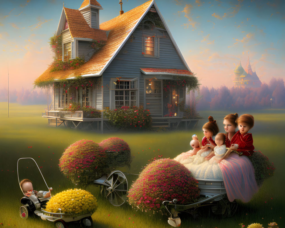 Children, woman, baby, and flower carts by quaint house in dreamy landscape with distant castles