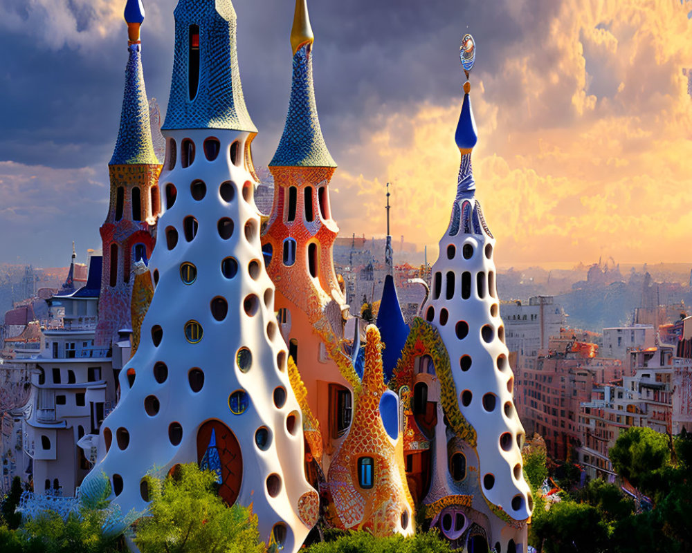 Whimsical fantasy cityscape with colorful unique architecture