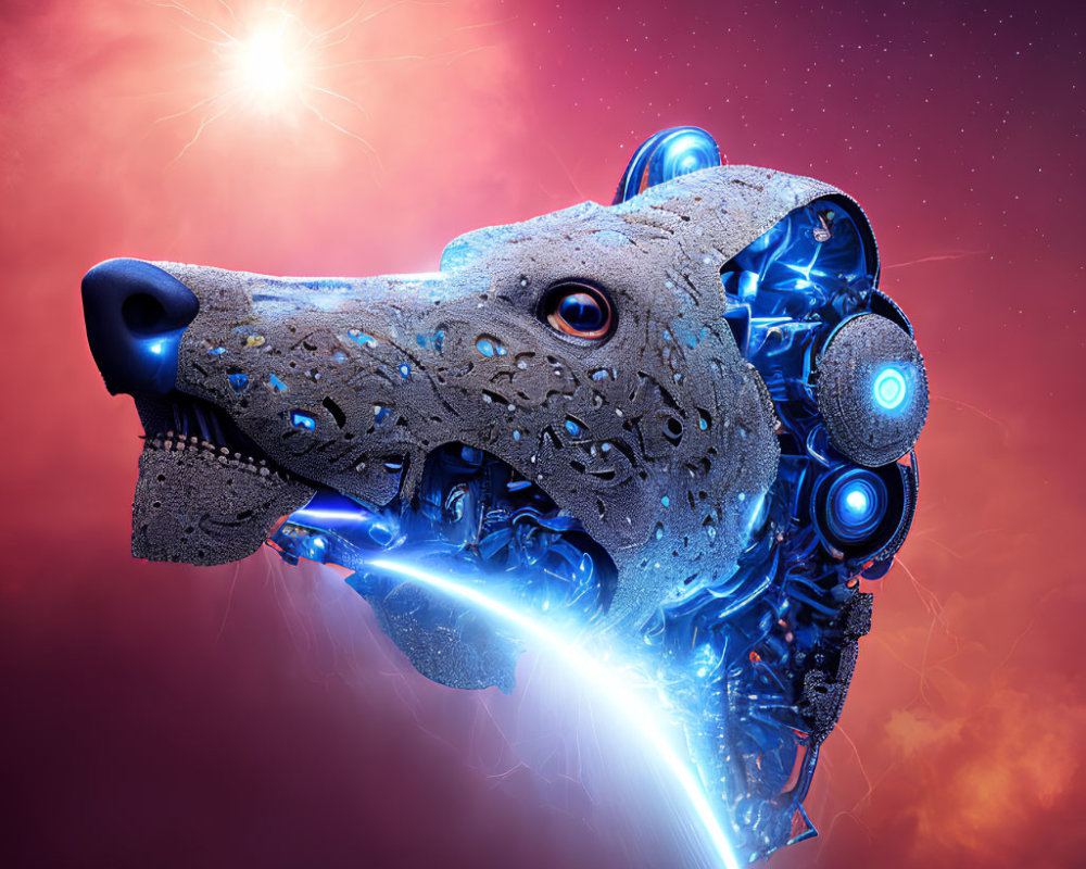 Cybernetic Canine Head Artwork with Cosmic Background