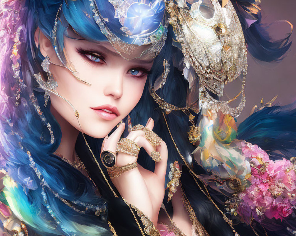 Vibrant blue-haired woman with ornate jewelry and flowers - mystical and elegant illustration