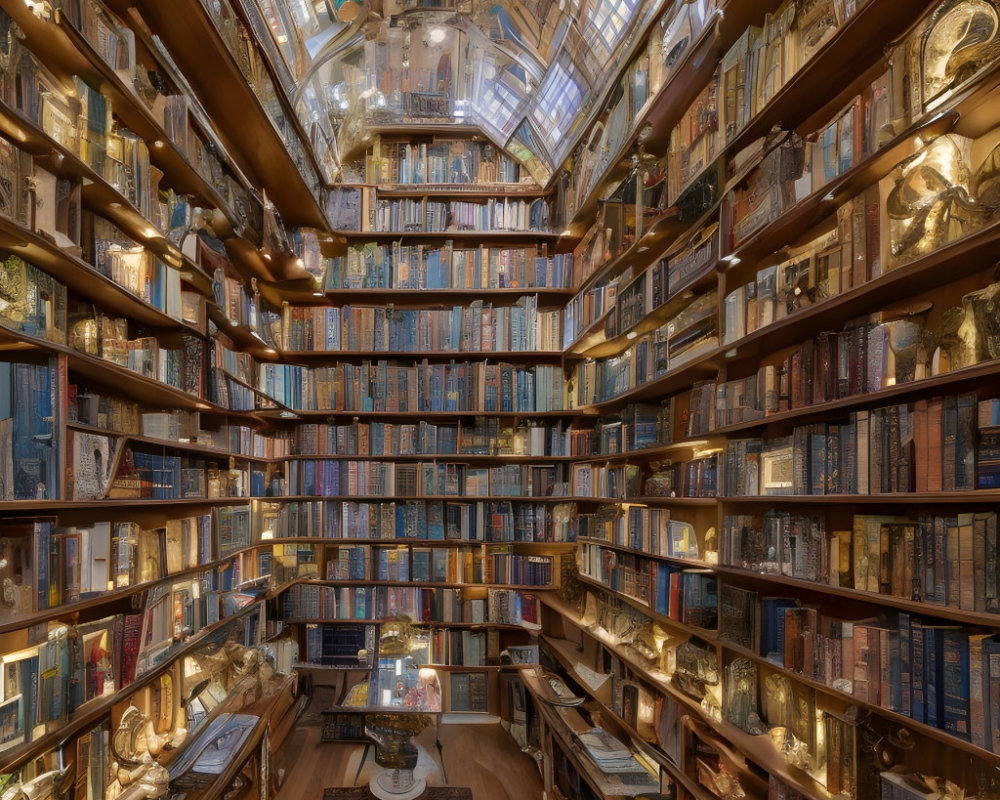 Grand Multi-Tiered Library with Wooden Shelves and Ornate Details