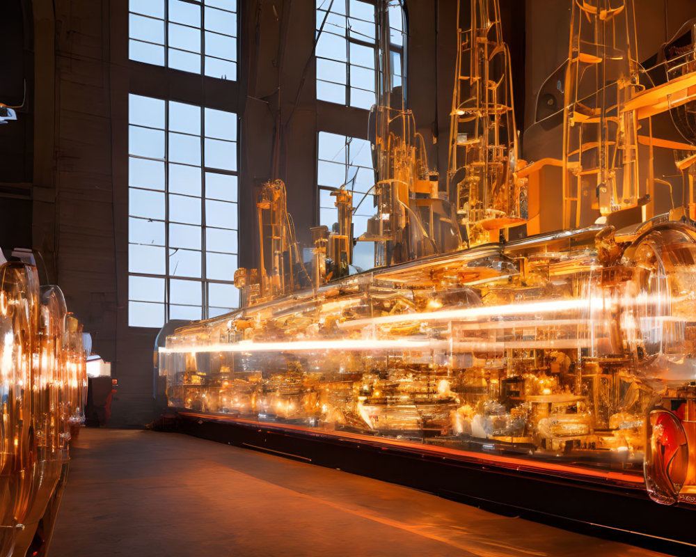 Large Illuminated Copper Brewing Tanks in Industrial Brewery Setting