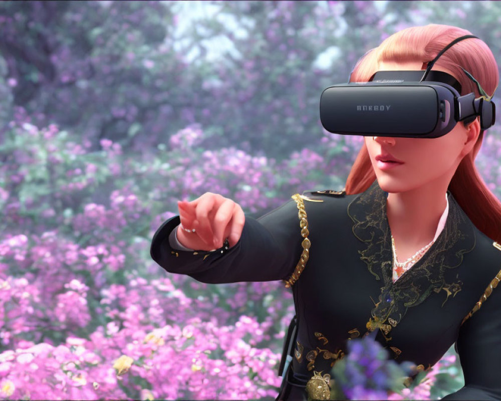 Auburn-haired woman in VR headset explores virtual world with pink blossoms