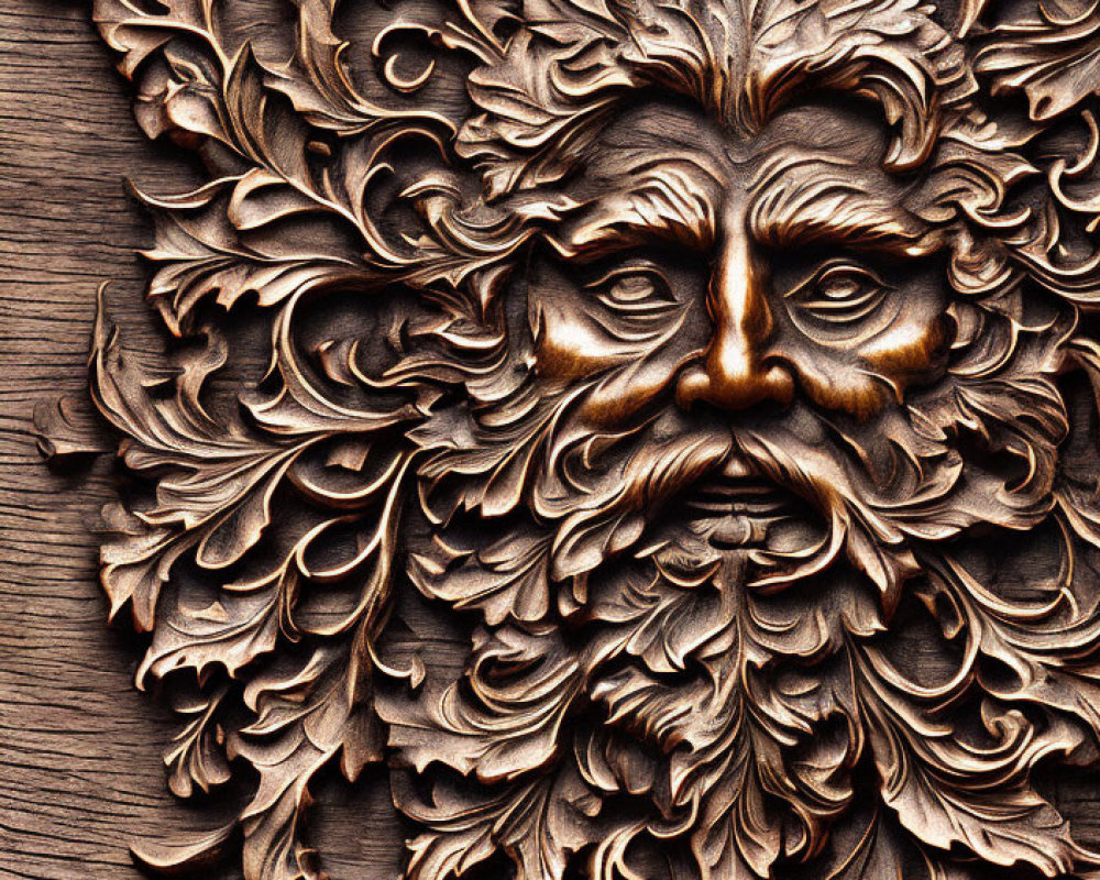 Intricate wooden carving of man's face with leaf patterns