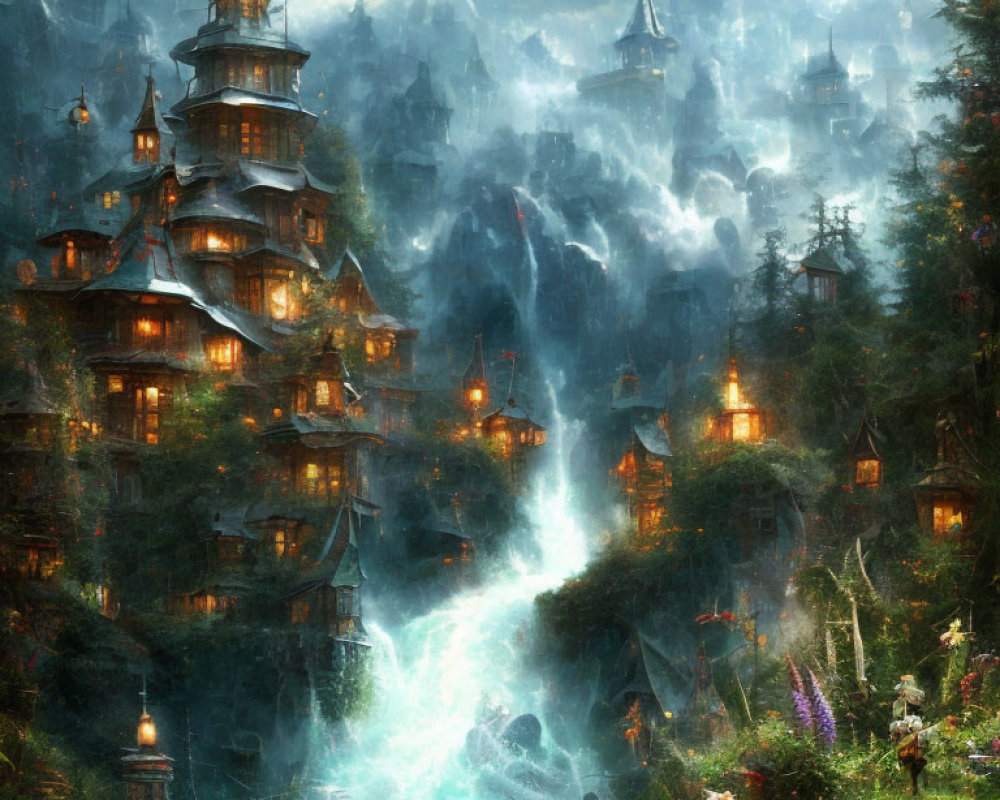 Enchanting multi-level fantasy village at twilight