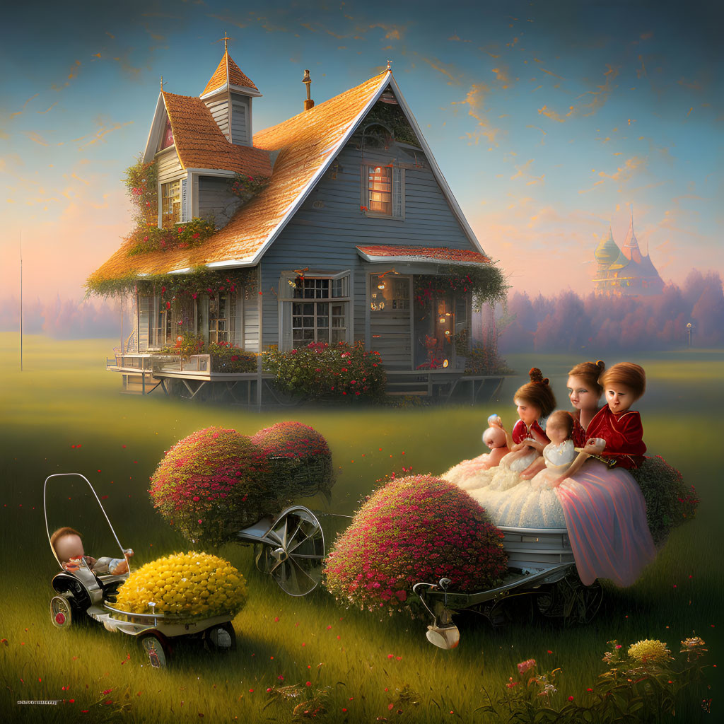 Children, woman, baby, and flower carts by quaint house in dreamy landscape with distant castles