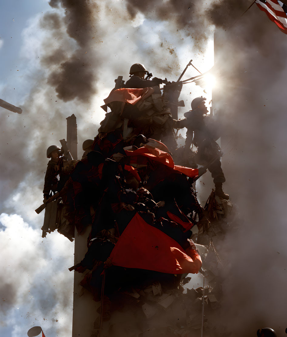 Military soldiers climbing pole in smoke with red flags against bright sky.