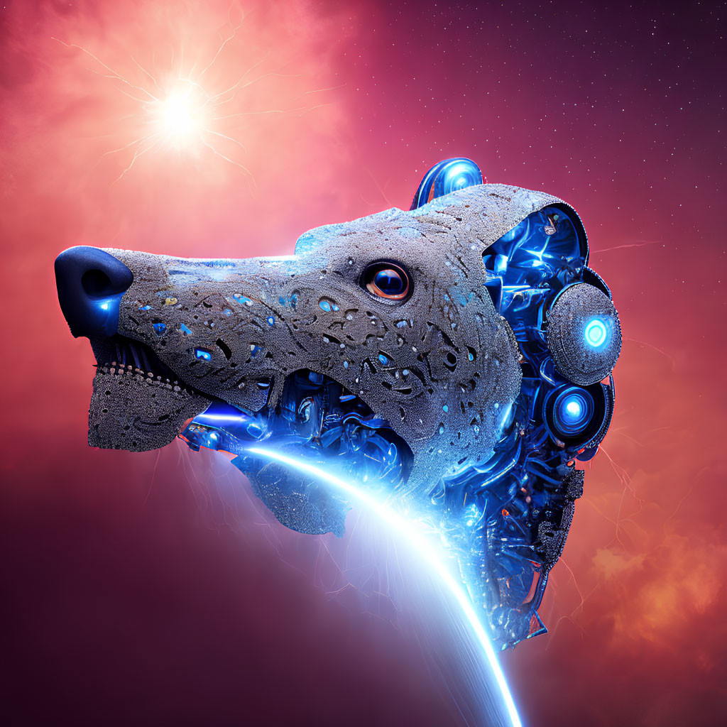 Cybernetic Canine Head Artwork with Cosmic Background