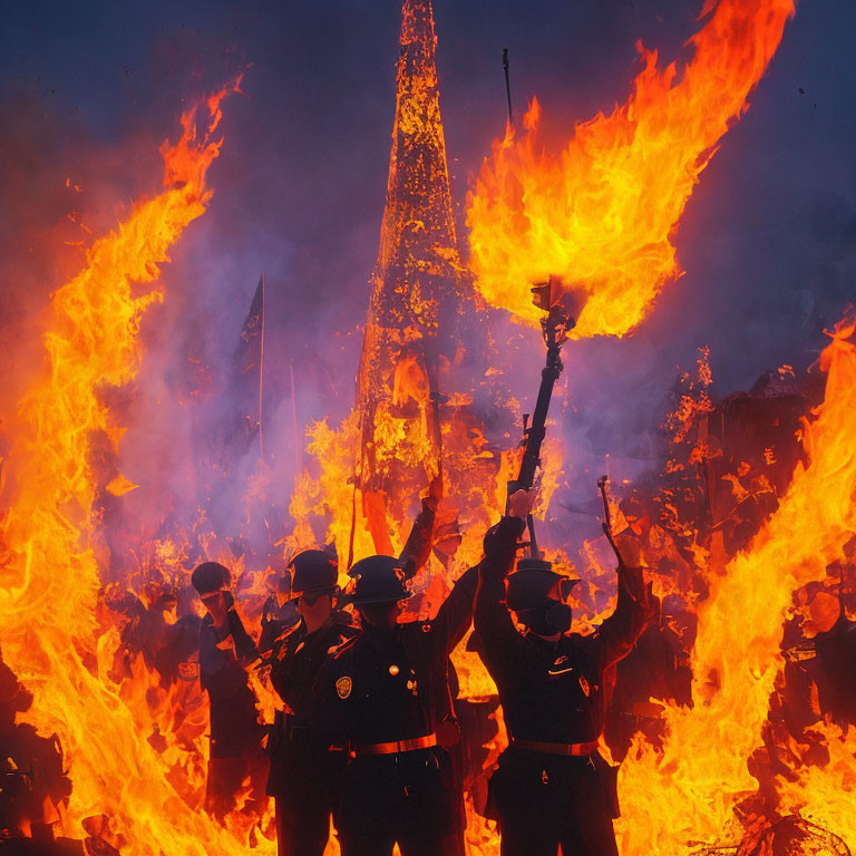 Group of People in Uniform Holding Torches Amidst Intense Flames