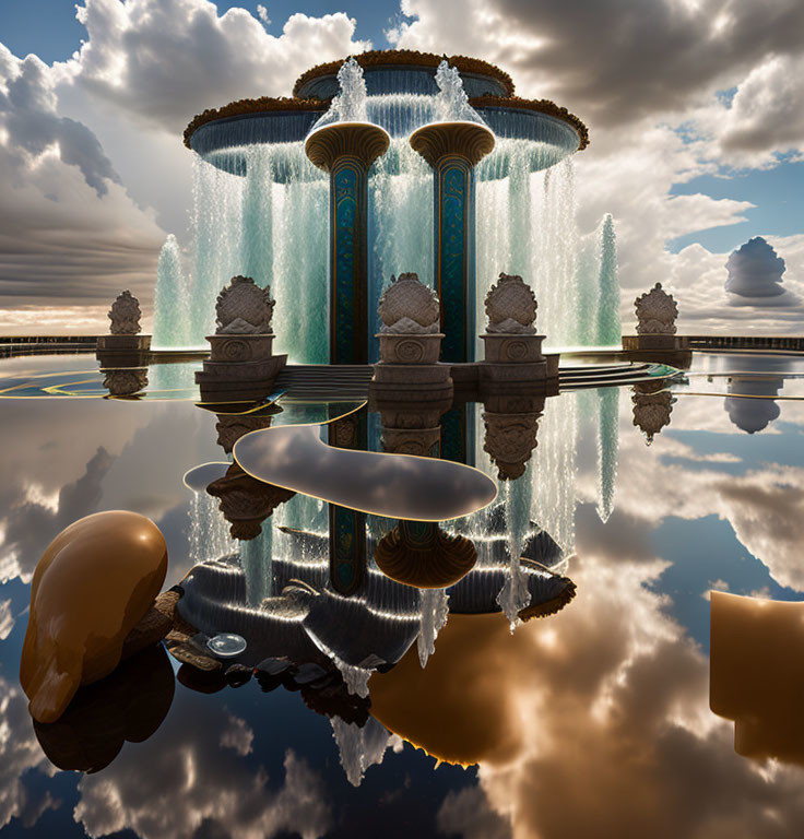 Surreal image of cascading fountain and ornate architecture against cloudy sky