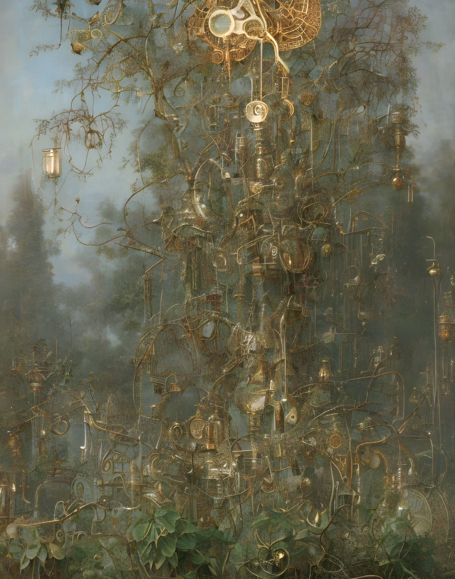 Mystical tree with golden gears and lanterns in a forest landscape