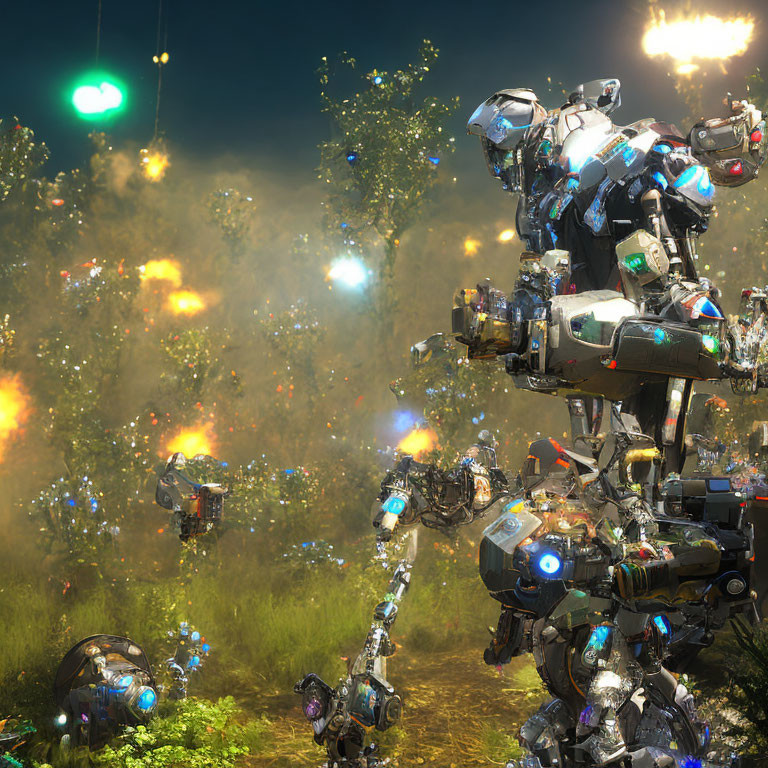 Advanced humanoid robots in lush futuristic forest with floating orbs