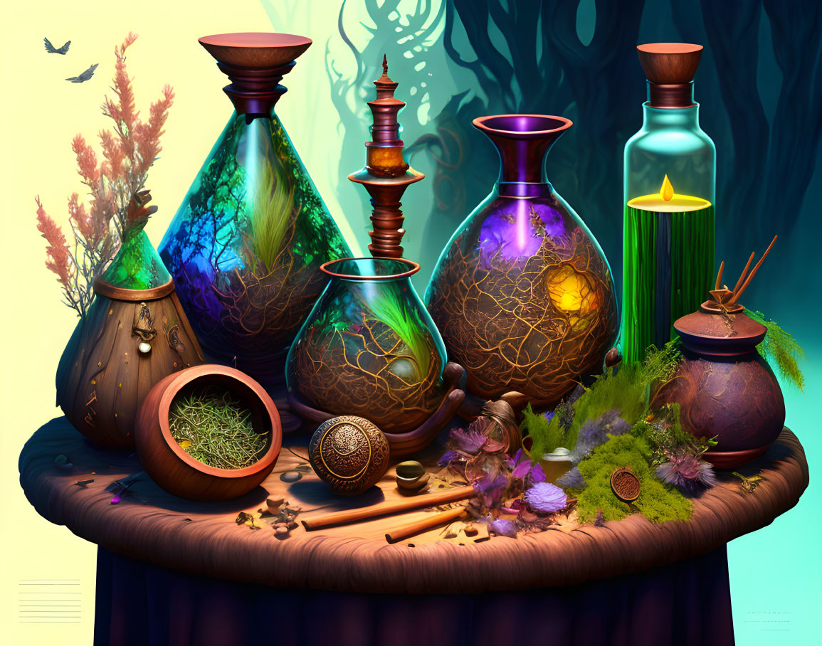 Colorful Fantasy Potion Bottles on Wooden Table with Plants and Magical Aura