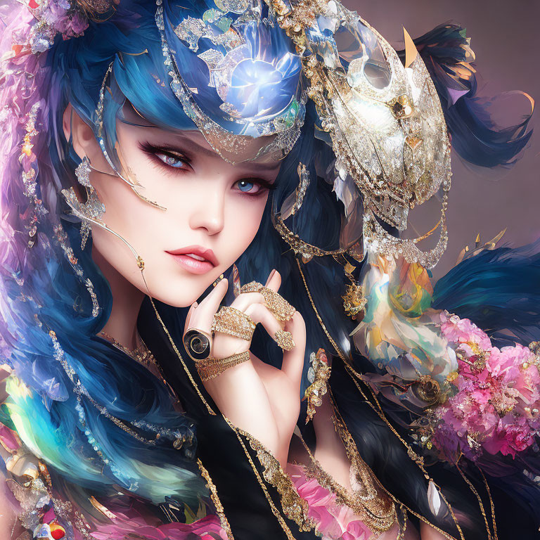 Vibrant blue-haired woman with ornate jewelry and flowers - mystical and elegant illustration