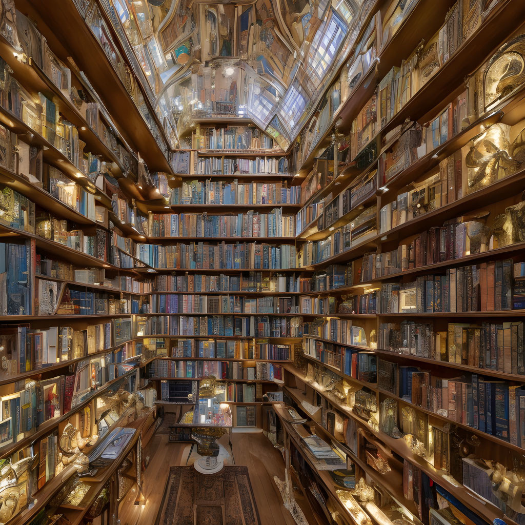 Grand Multi-Tiered Library with Wooden Shelves and Ornate Details