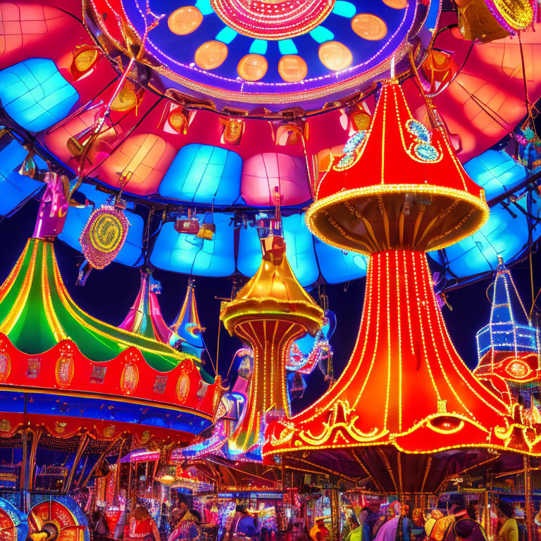 Colorful Carnival Scene with Illuminated Rides at Night