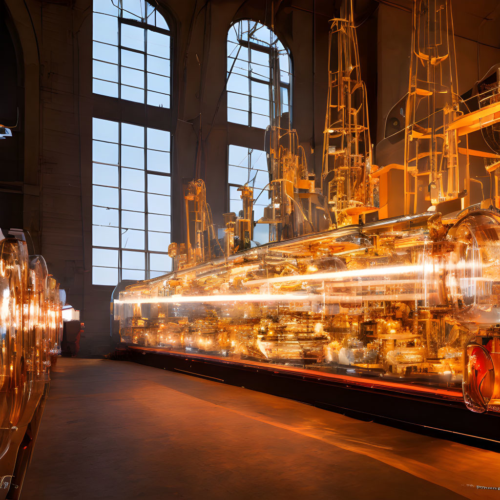 Large Illuminated Copper Brewing Tanks in Industrial Brewery Setting