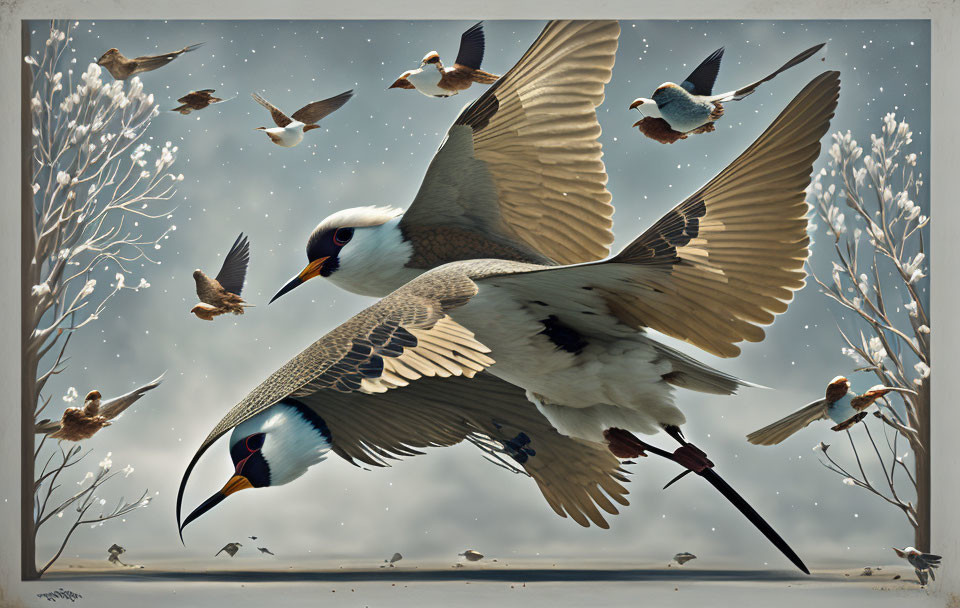 Flock of Birds Flying in Cloudy Sky with Large Marked Bird Close-up