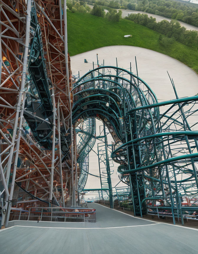 Green metal roller coaster tracks intersecting in spacious area with grassy backdrop