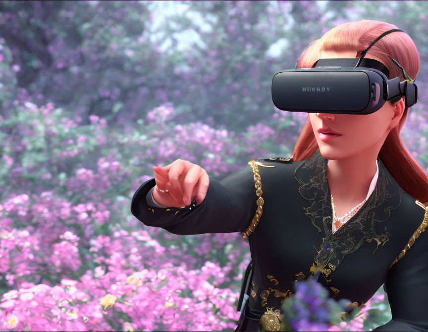 Auburn-haired woman in VR headset explores virtual world with pink blossoms