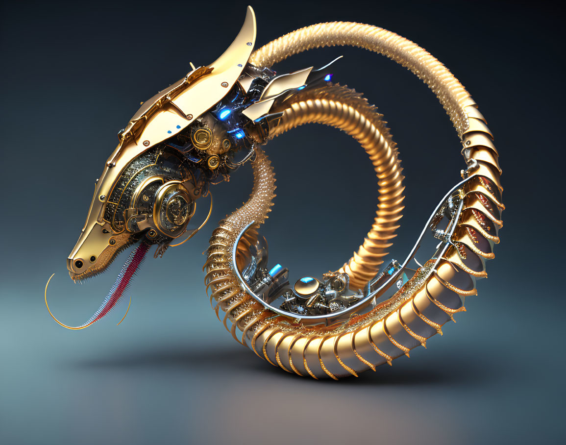 Golden mechanical fish with glowing blue accents on moody backdrop