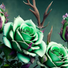 Unique Green Roses with Spiraling Petals and Thorns on Blurred Background