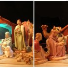 Stylized Nativity Scene Figurines on Blue Background