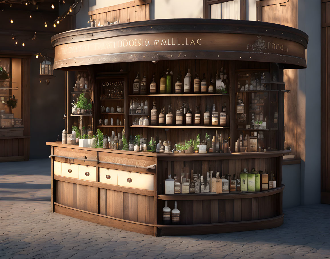 Wooden kiosk with bottled products and plants under warm lighting on cobbled street