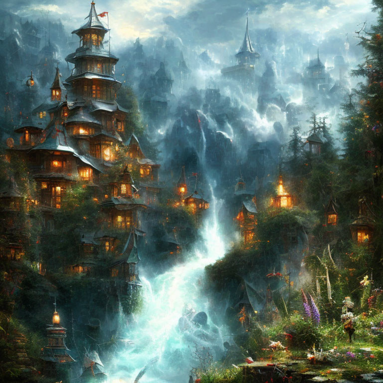 Enchanting multi-level fantasy village at twilight