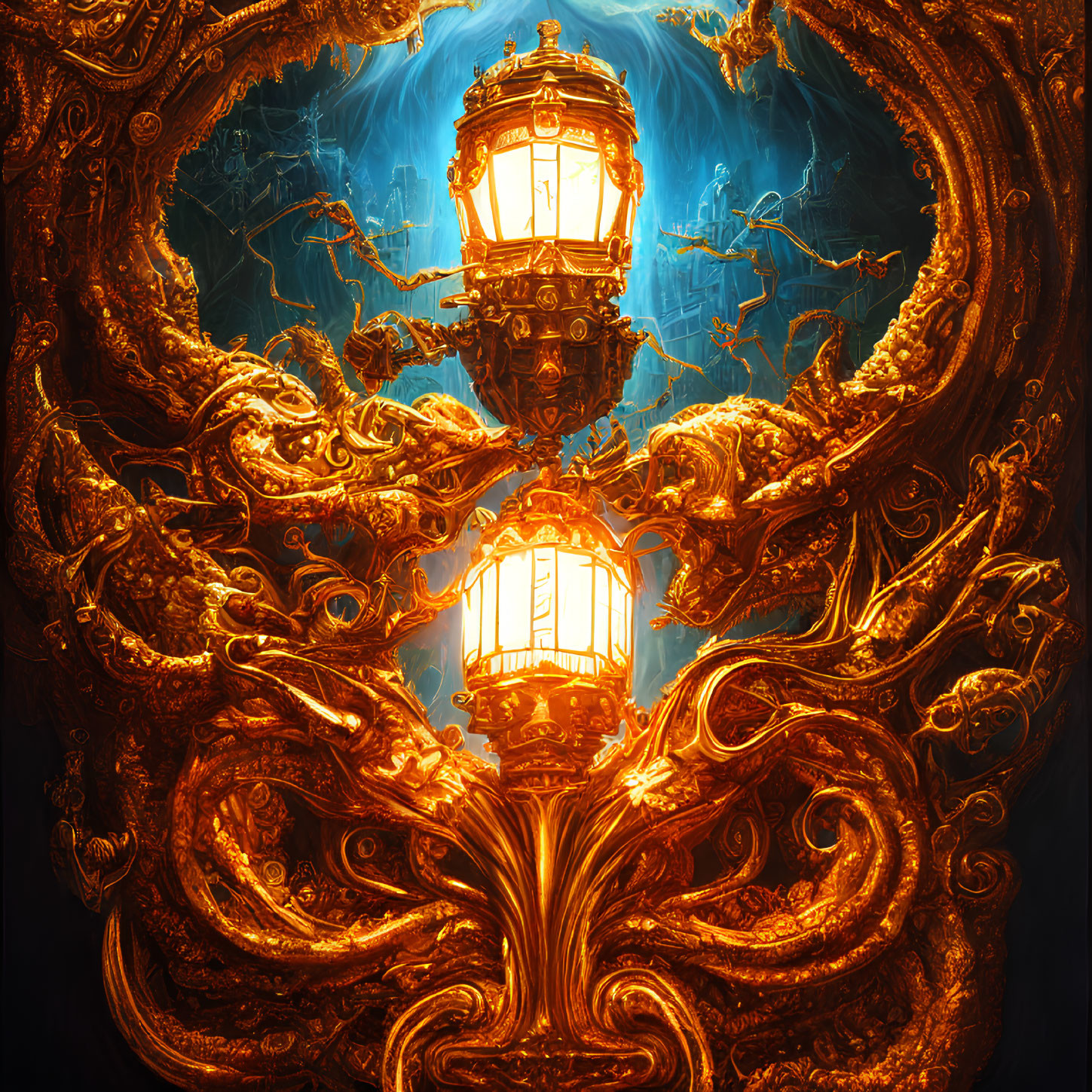 Golden lantern with intricate designs and ethereal creatures in magical setting