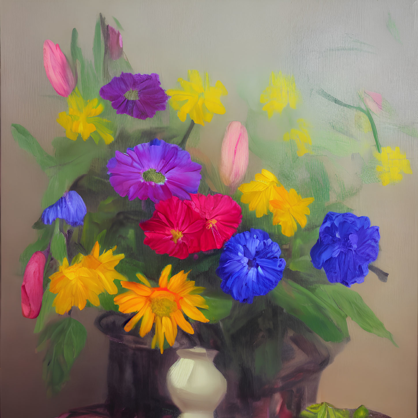 Colorful Flowers in Dark Vase Oil Painting with Blurred Effect