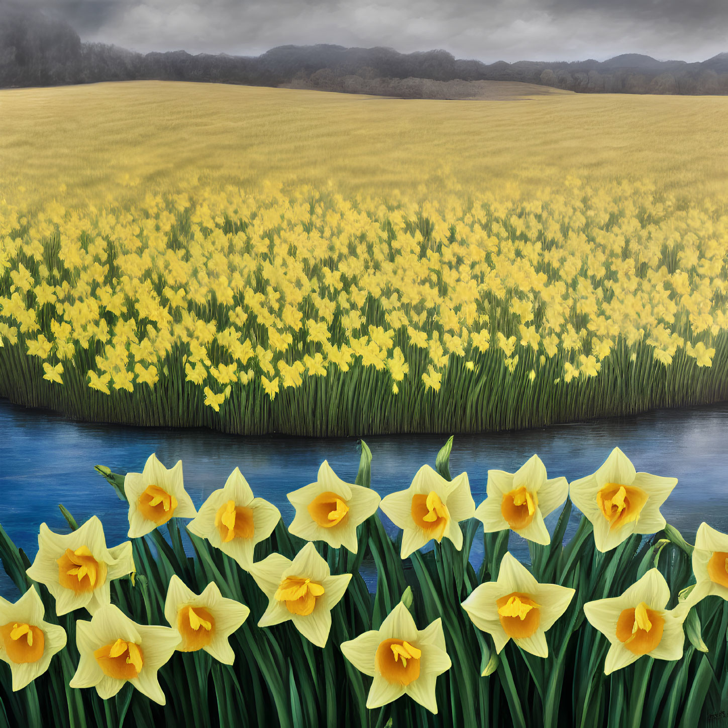 Scenic yellow daffodils by water under gloomy sky