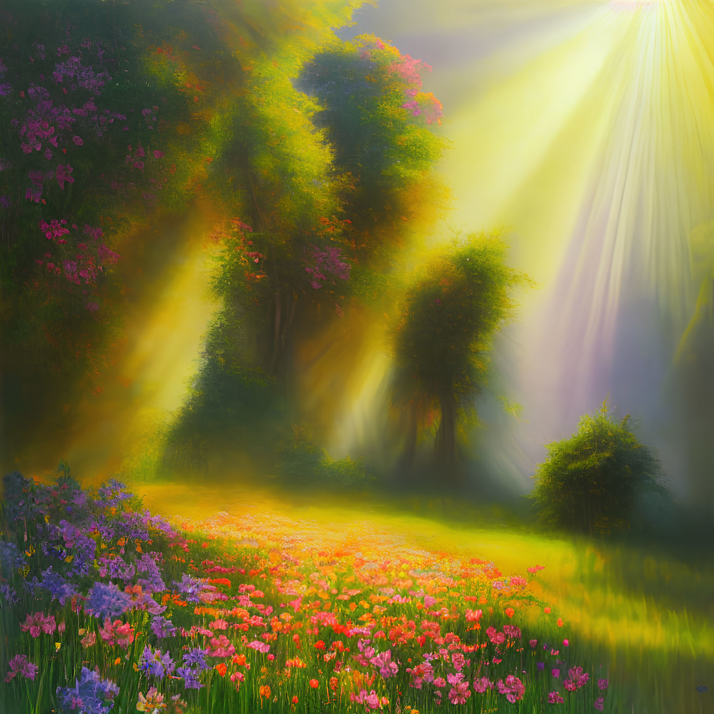 Sunlit Forest Glade with Colorful Flowers and Rays