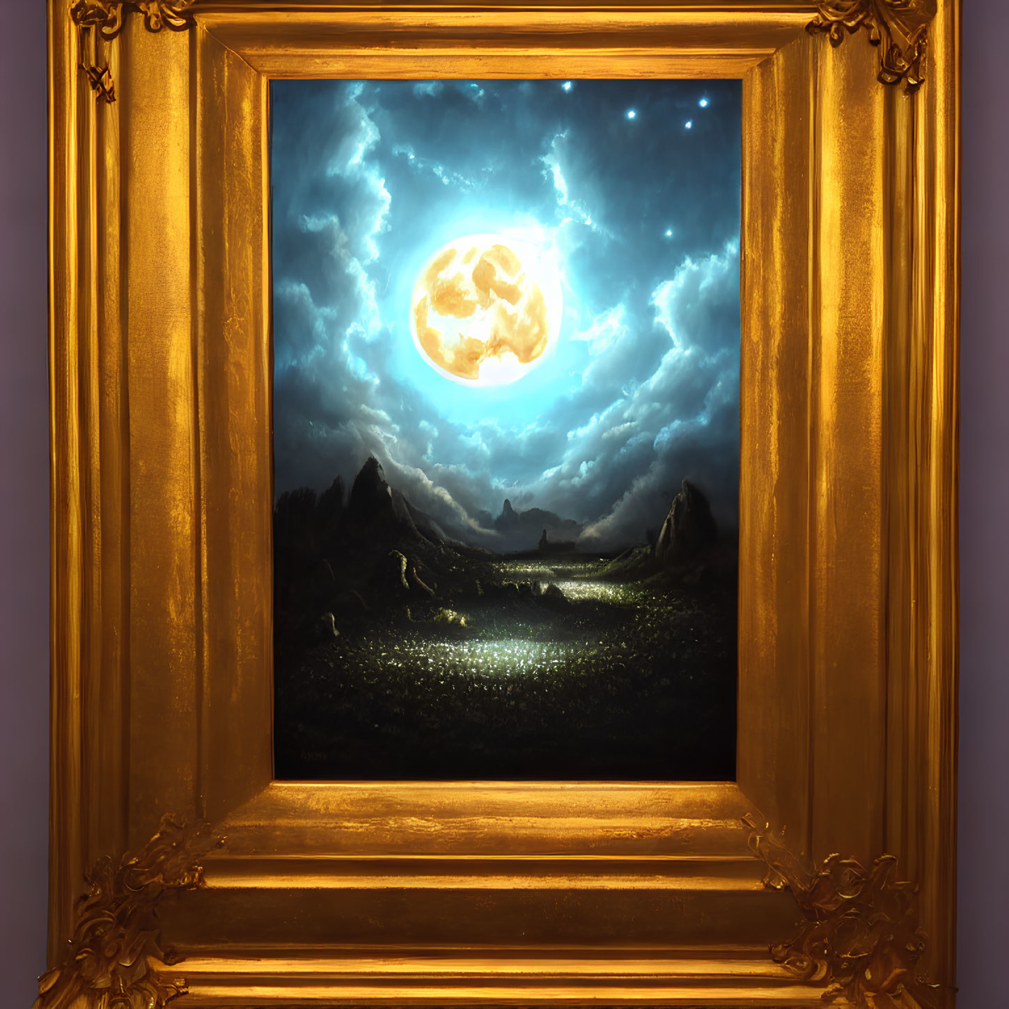 Luminous full moon painting in ornate gold frame