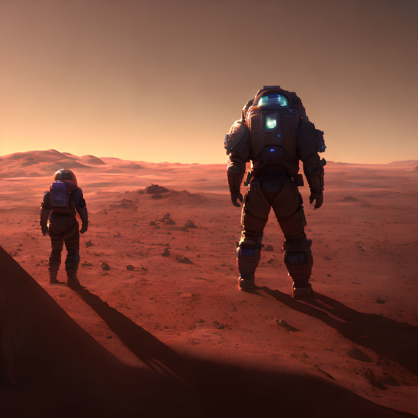 Astronauts in spacesuits on red Martian landscape under hazy sky