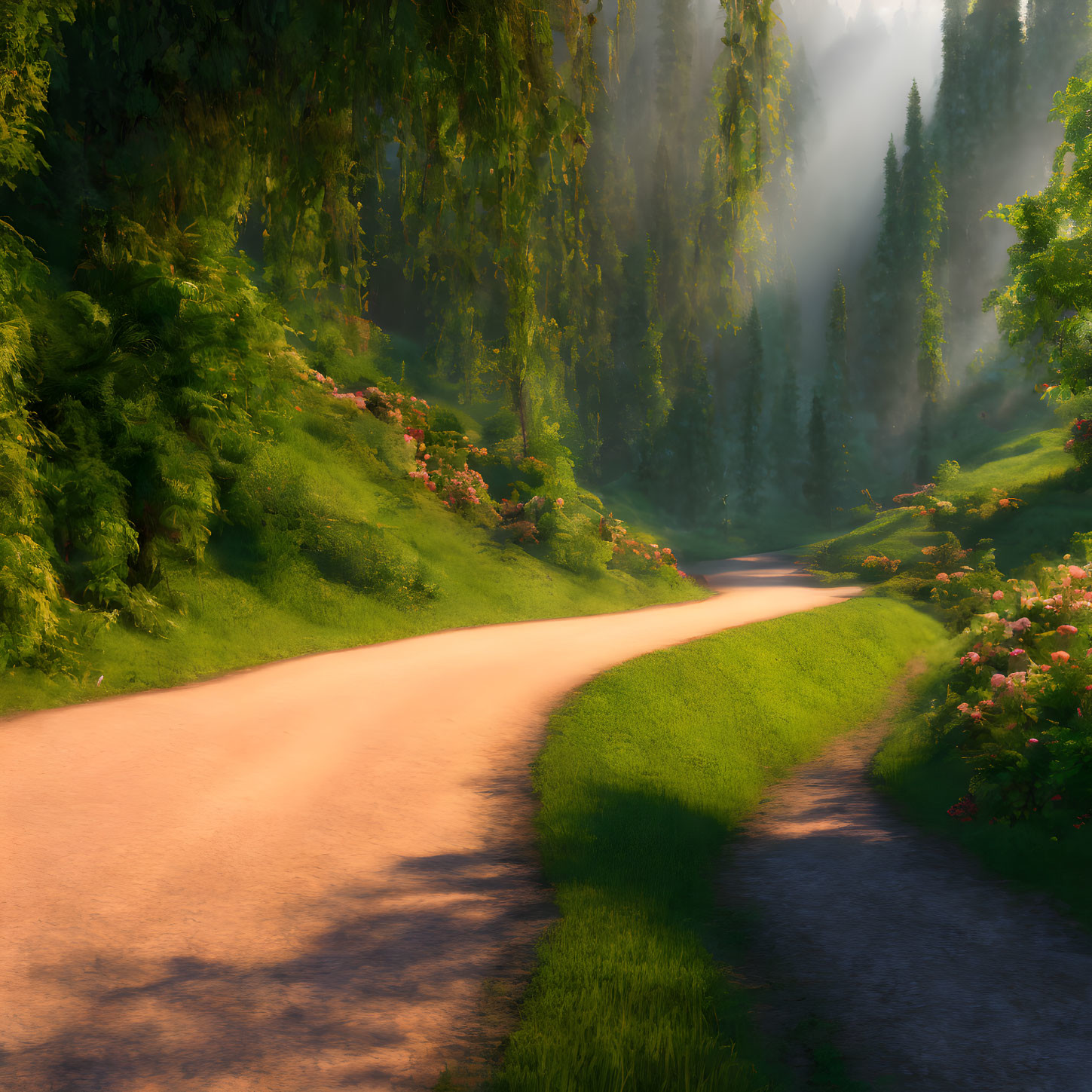 Tranquil forest scene with winding path, green grass, flowers, and willow branches