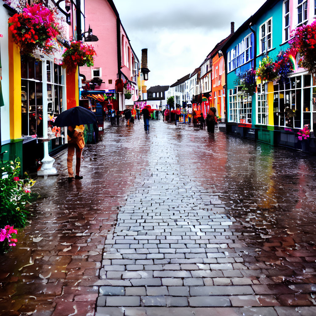 Colorful buildings and flower baskets on rain-soaked cobblestone street