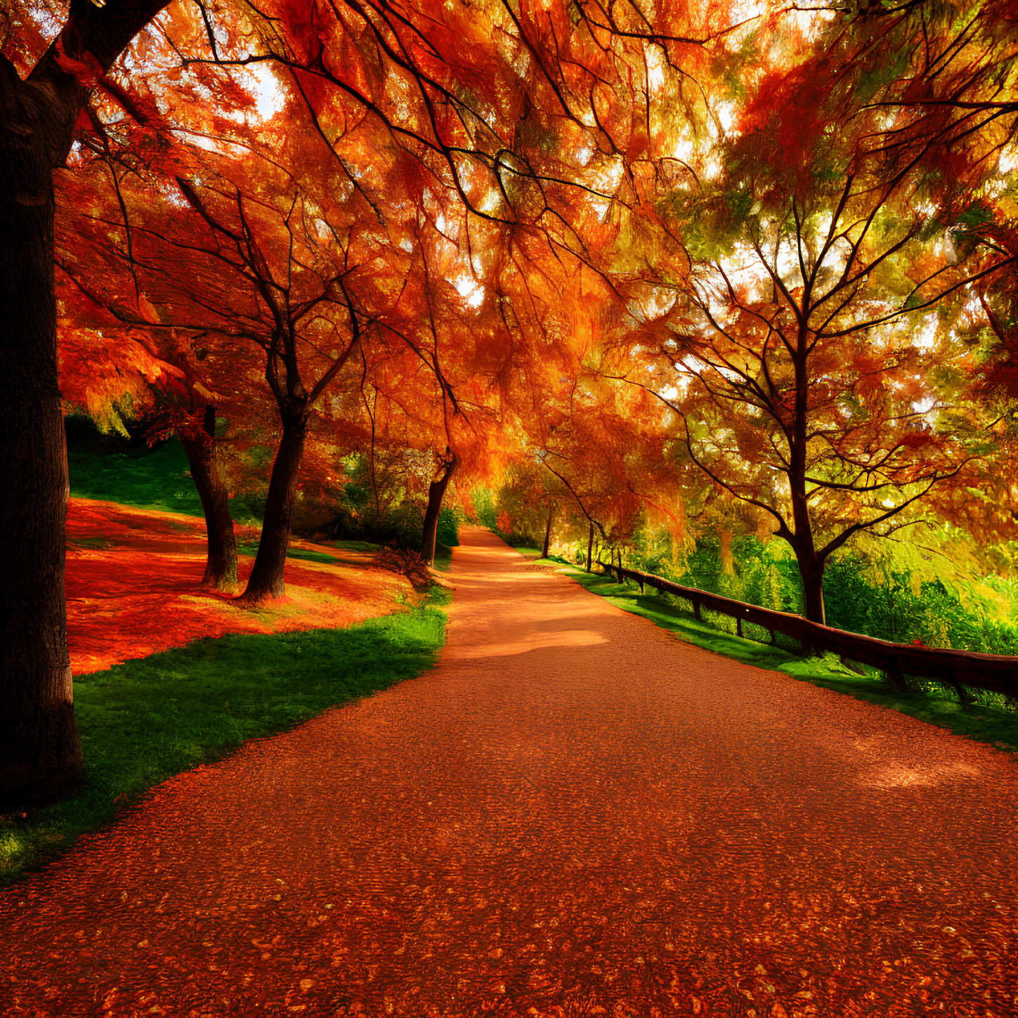 Autumnal forest path with fiery red and orange leaves.