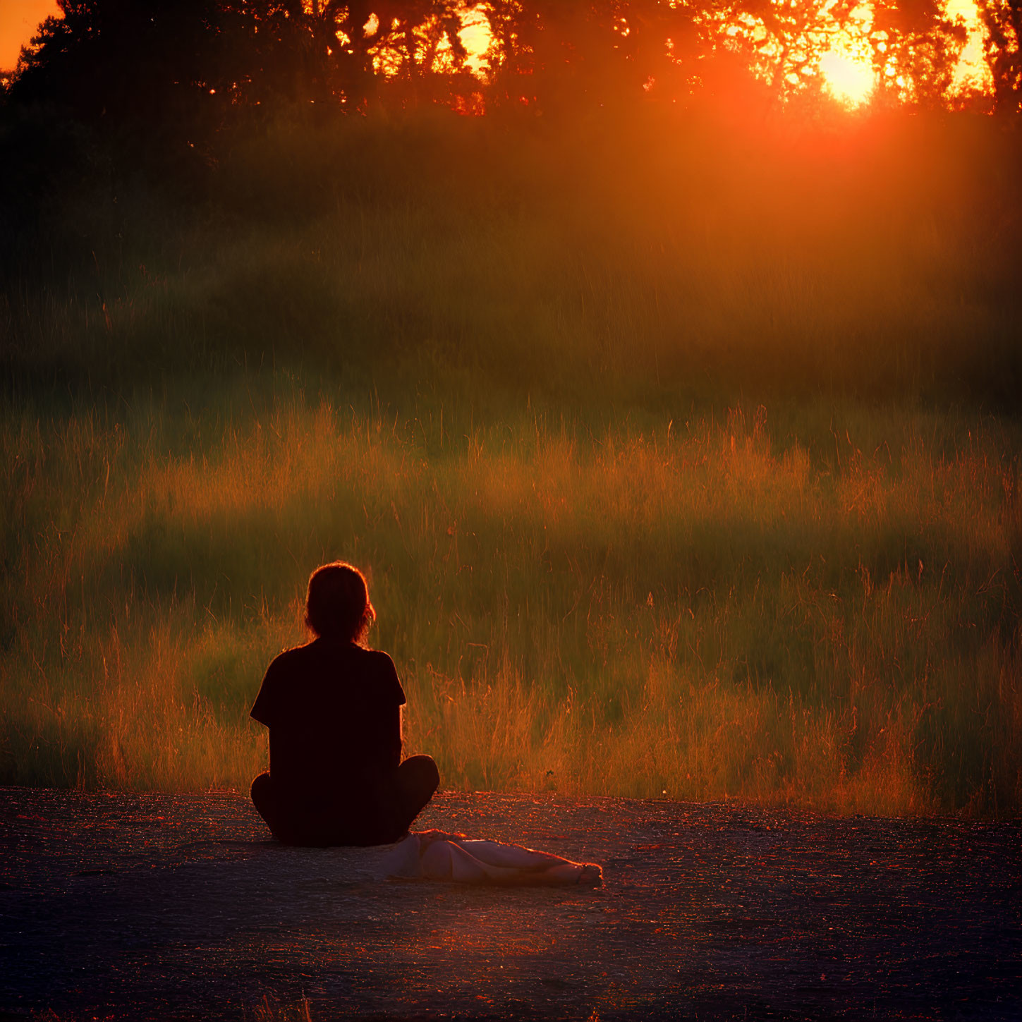 Silhouetted person against vibrant sunset with trees and grass.