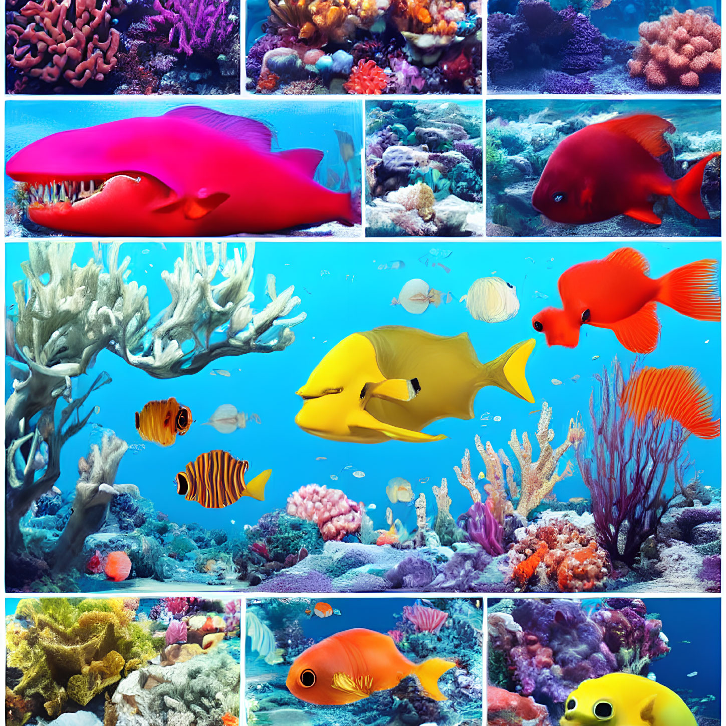 Colorful Tropical Fish and Corals in Vibrant Underwater Collage