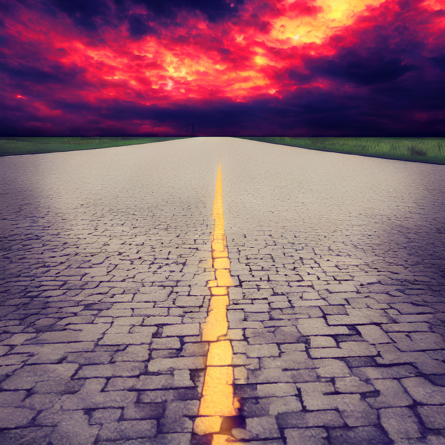 Scenic open road with fiery sunset sky and green fields